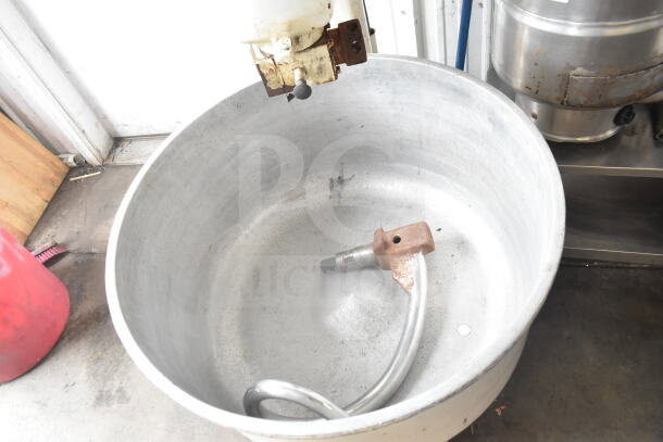 Boku Commercial Spiral Mixer with large metal mixing bowl and dough hook attachment. Visible wear. 120/208-240 volts.