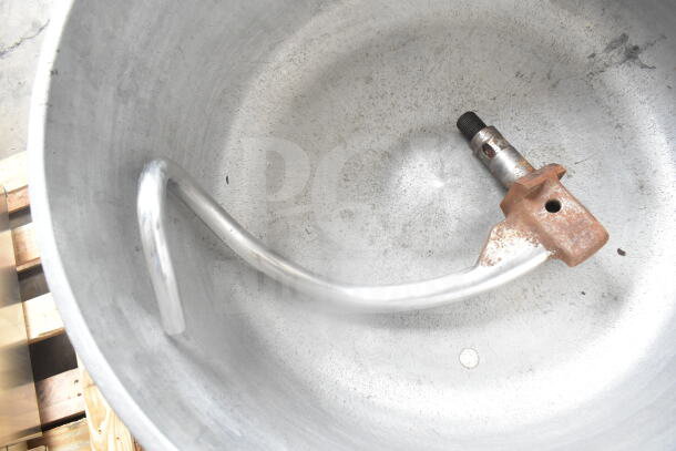 Boku commercial spiral mixer bowl with dough hook, showing wear. Suitable for 120/208-240 volts.