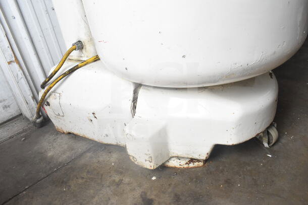 Boku commercial spiral mixer base, showing rust and wear. Equipped with mixing bowl and dough hook. 120/208-240V.