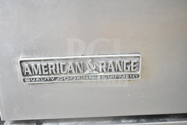 American Range logo on stainless steel surface, indicating a commercial gas-powered 6-burner range with griddle and ovens.