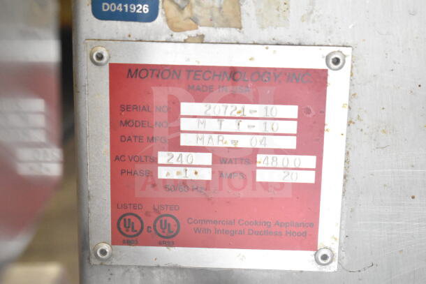 Autofry MTI-10 ventless fryer label, showing serial number, model, manufacturing date, 240 volts, 1 phase, 4800 watts.