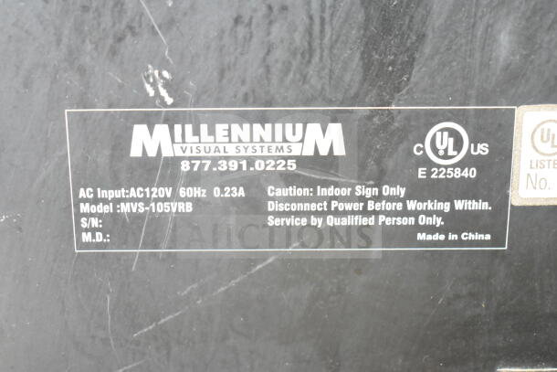 alt text: Millennium Visual Systems Open Light Up Sign, Model MVS-105VRB, AC 120V, indoor use, UL listed, made in China.