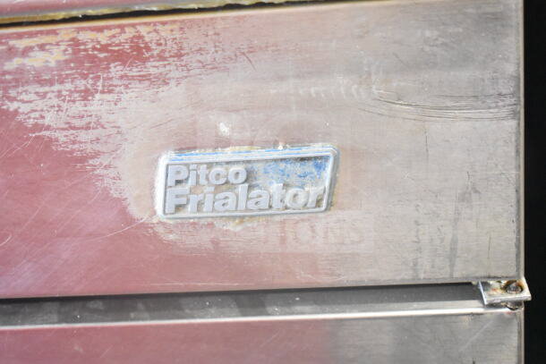 Pitco Frialator natural gas donut fryer, with dough dropper arm and plunger, 120,000 BTU, visible brand label, used condition.
