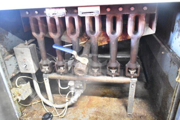 Pitco Frialator commercial gas donut fryer with dough dropper arm and plunger, 120,000 BTU, showing internal components.