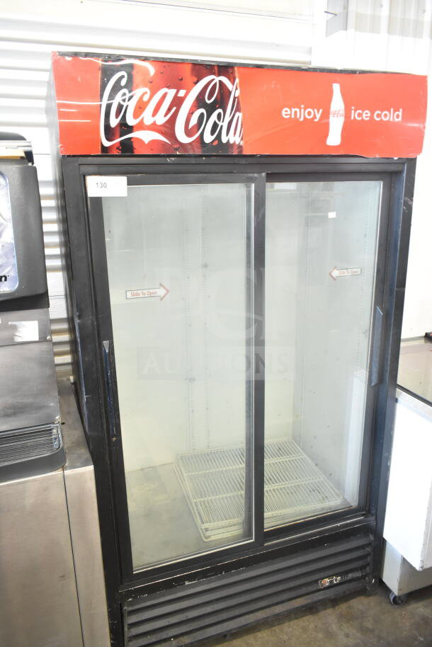 True GDM-37 2 Door Cooler Merchandiser, black, Coca-Cola branding, glass doors, 115V, good condition.