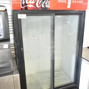True GDM-37 2 Door Cooler Merchandiser, black, Coca-Cola branding, glass doors, 115V, good condition.