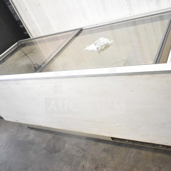 Chest Freezer Merchandiser, glass top, used condition, 115 volts, 1 phase, visible wear, ideal for commercial display.