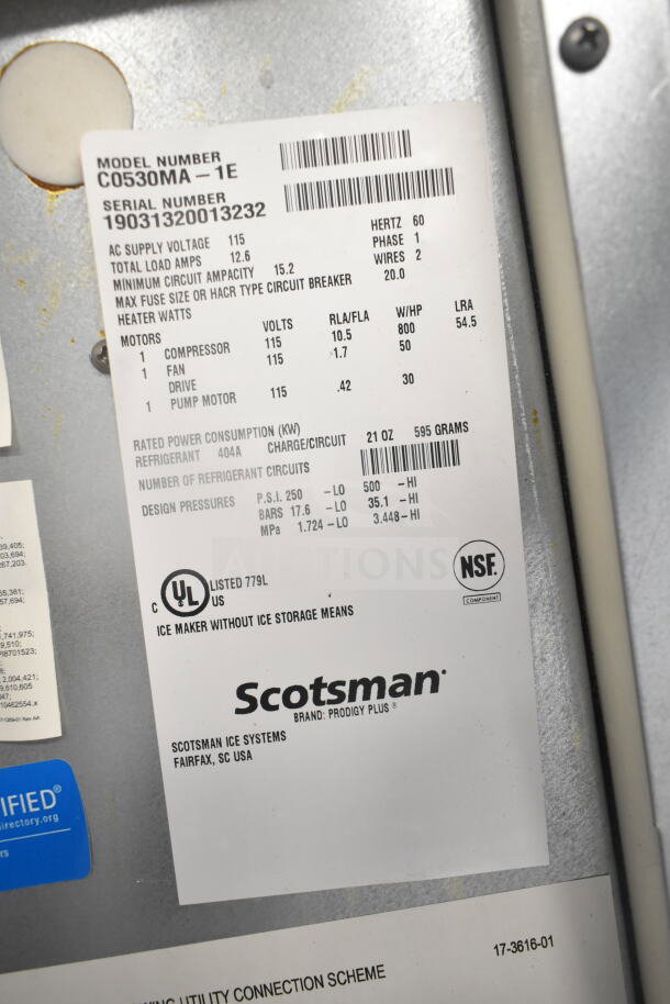 2019 Scotsman C0530MA-1E Commercial Ice Machine Head, 115 Volts, 1 Phase, UL listed, NSF certified, model label displayed.