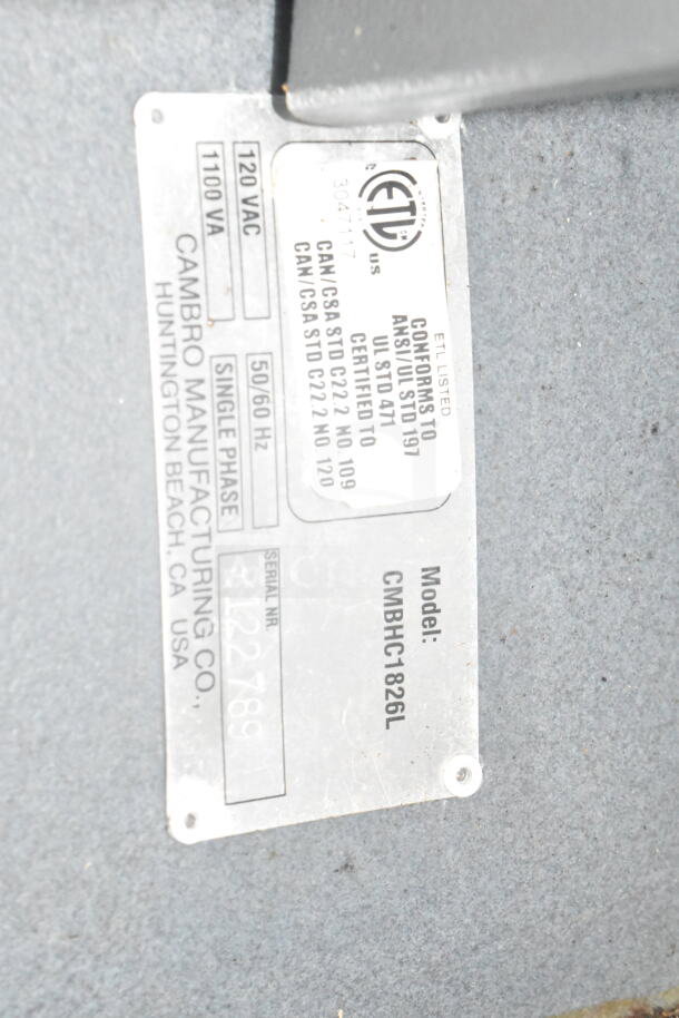 Cambro CMBHC1826L gray heated holding cabinet, 120V, label indicates ETL listed, single phase, on commercial casters.
