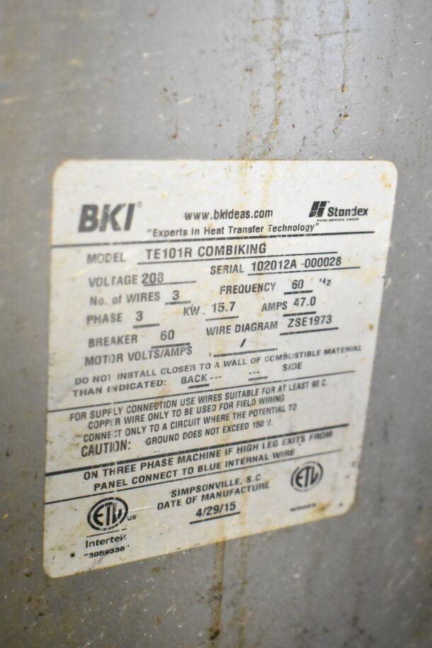BKI TE101R Combiking commercial electric convection oven label. Details: 208V, 3 phase, 60Hz, 15.7kW, 47A.