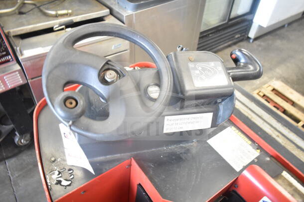 Raymond Deka 19-F60L forklift control panel, no forks, with operational checklist.