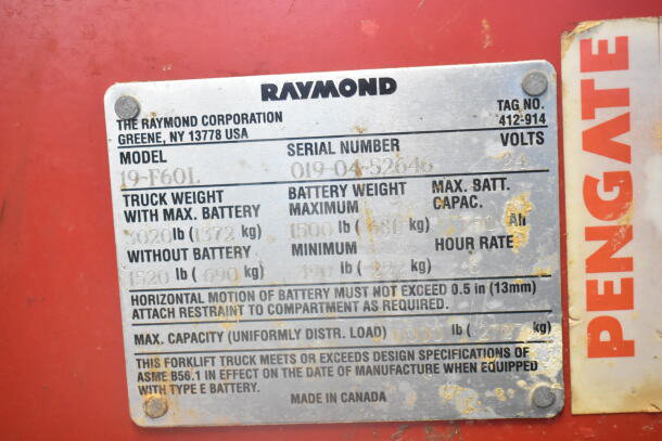 Raymond Deka 19-F60L forklift data plate, includes model, serial number, and weight specifications. No forks included.
