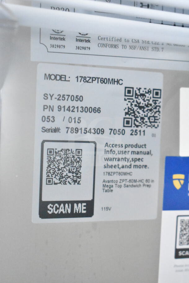Brand new Avantco 178ZPT60MHC Sandwich Prep Table label showing model, serial QR code, and 115V specification.