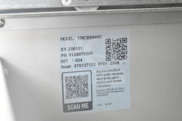 Brand new 2025 Avantco 178CBE84HC Commercial Chef Base label, 4 drawers, 115V, scratch and dent condition.