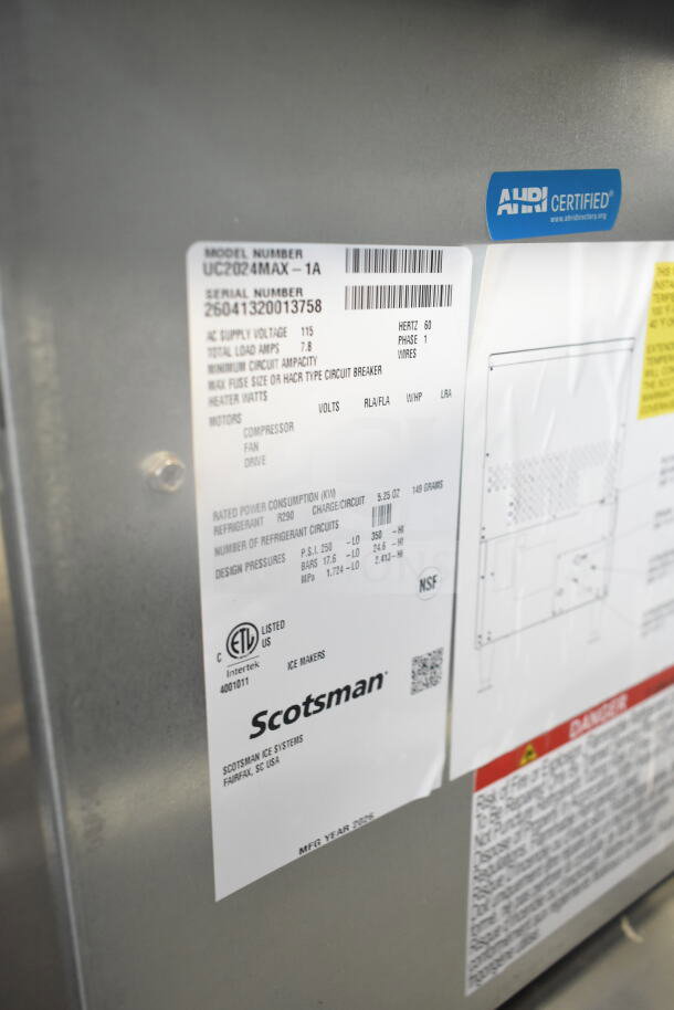 BRAND NEW 2026 Scotsman UC2024MAX-1A commercial ice machine, 227 lb. capacity, 80 lb. bin, 115V, AHRI and NSF certified.