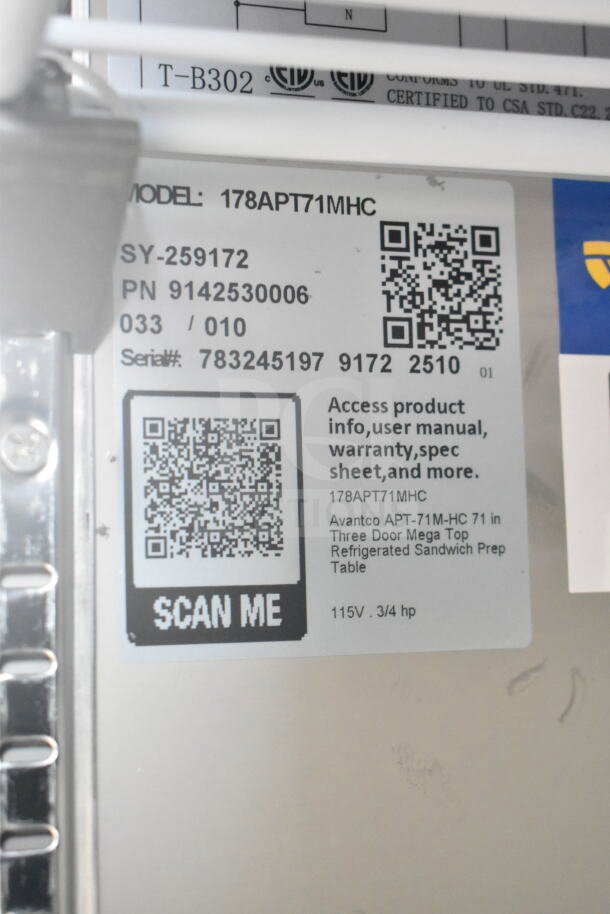 Avantco 178APT71MHC label showing model, serial number, and QR code for product info. 115V, 3/4 hp.