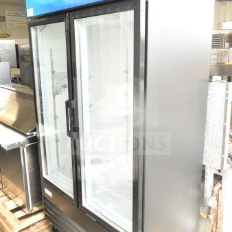 Brand new 2025 Avantco 178GDC40HCB commercial glass door refrigerator, black, with LED lighting, 115V, visible scratch and dent.