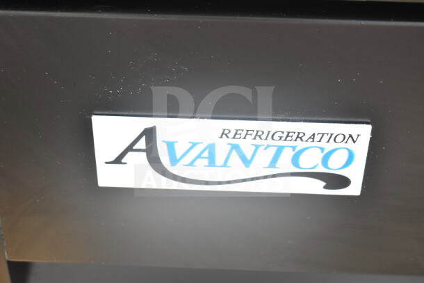 Brand new Avantco 178GDC40HCB refrigerator with logo, minor scratches visible on black surface.