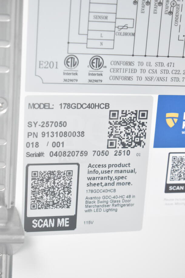 "Avantco model 178GDC40HCB label; includes QR codes for warranty and specs, 115V power, and ETL certification details."