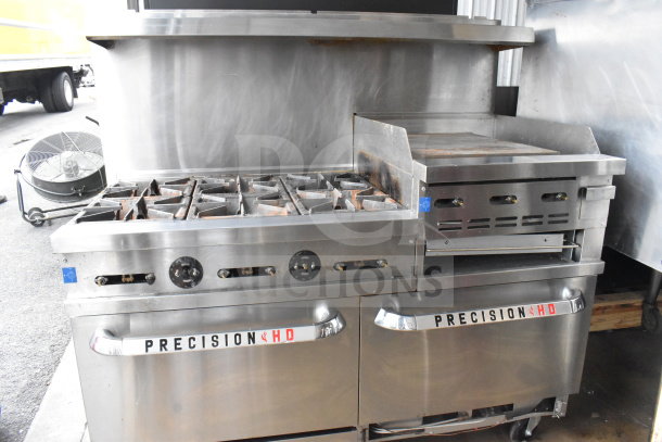 PrecisionHD gas-powered range with 6 burners, flat top griddle, 2 ovens, shelf, backsplash, casters, commercial use.