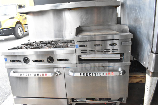 PrecisionHD 6 burner gas range with griddle, 2 ovens, overshelf, and backsplash on casters. Commercial use, stainless steel.