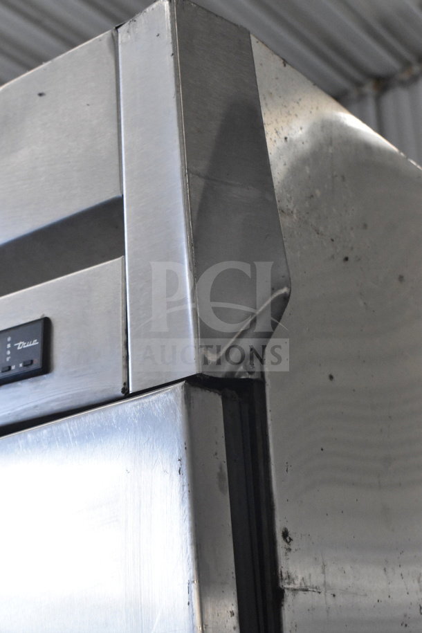 2018 True T-35-HC commercial 2-door reach-in cooler, stainless steel, on casters. 115V, 1 Phase. True logo visible.