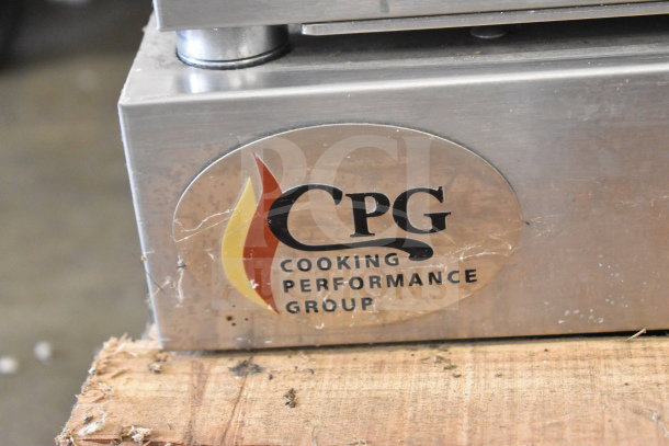 Cooking Performance Group commercial convection oven logo, on stainless steel surface.