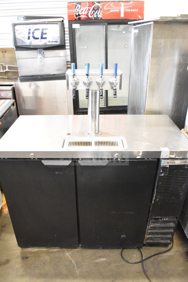 Beverage Air DD48HC-1-B-138 kegerator with 4 tap tower, black finish, 115 volts, commercial use, minor wear visible.