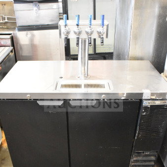 Beverage Air DD48HC-1-B-138 kegerator with 4 tap tower, black finish, 115 volts, commercial use, minor wear visible.