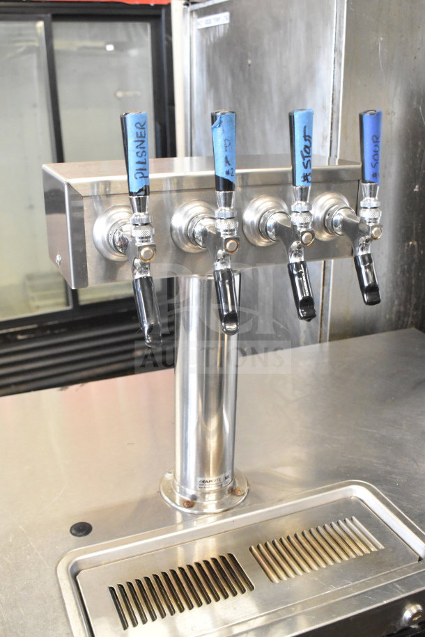Beverage Air DD48HC-1-B-138 kegerator with 4-tap beer tower, stainless steel finish, blue tap labels visible, 115V.