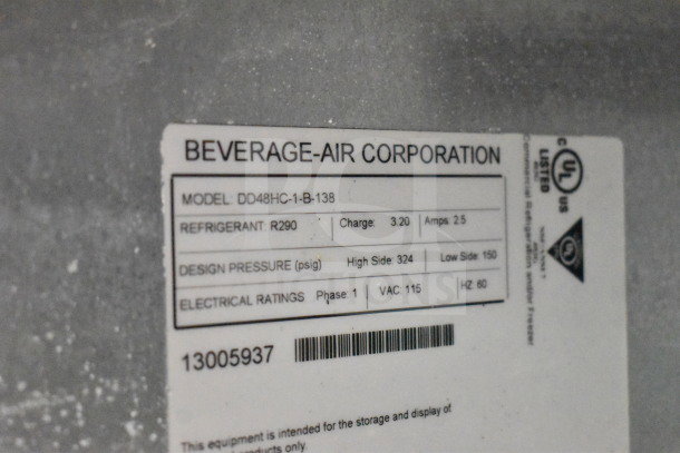 Beverage Air DD48HC-1-B-138 kegerator label. Model info, refrigerant R290, 115 volts, 1 phase. Used condition.