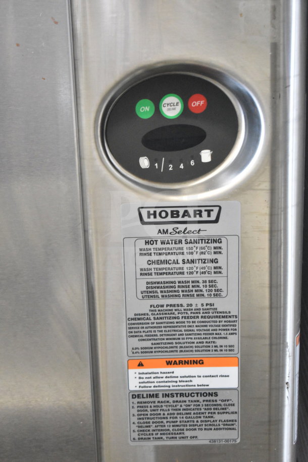 Hobart AM15 dishwasher control panel, labels detail washing cycles and temperature settings. 208-240V, 3-phase unit.