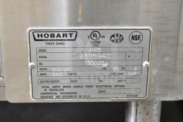 Hobart AM15 dishwasher label showing model, serial, voltage (208-240), and phase (3) details for auction.