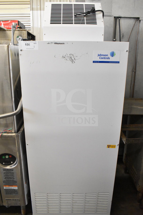 Johnson Controls Isoclean CM air filter on casters. Features 120V, 1-phase power. Minor surface marks, branded label visible.