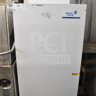 Johnson Controls Isoclean CM air filter on casters. Features 120V, 1-phase power. Minor surface marks, branded label visible.