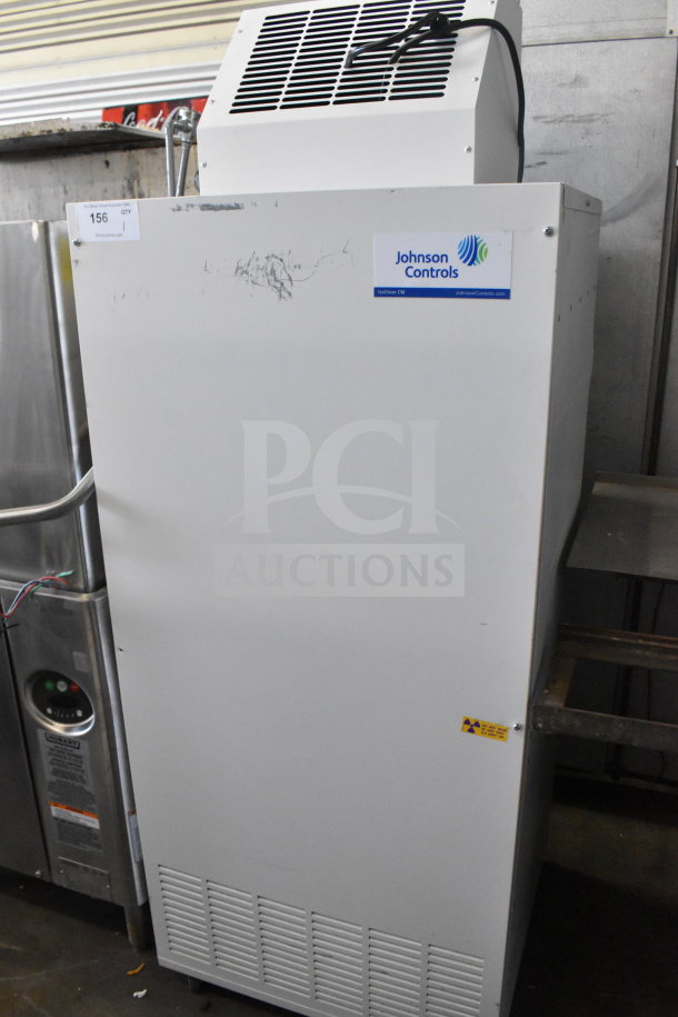 Johnson Controls Isoclean CM commercial air filter on casters, 120V, 1 phase. Some surface scratches. Visible brand label.