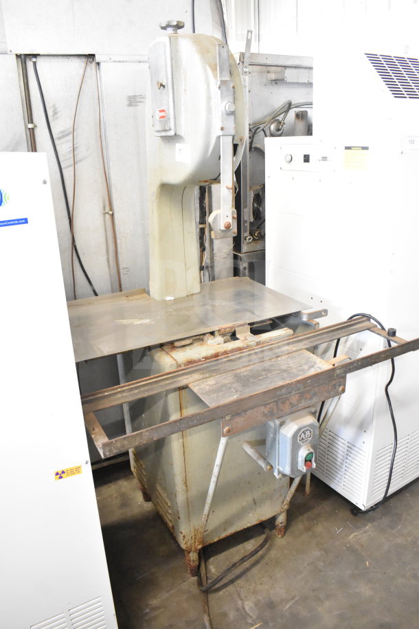 US Berkel Commercial Floor Meat Saw, 208V, 3 Phase. Used condition, with visible wear and rust on metal surfaces.