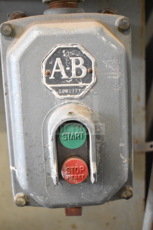 US Berkel Commercial Meat Saw control panel with start and stop buttons, label shows "AB Quality," worn condition. 208 Volts, 3 Phase.