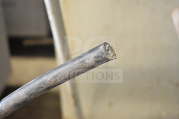 US Berkel Commercial Floor Meat Saw, 208V, 3 Phase. Cut cable end shown, indicating potential electrical repair need.