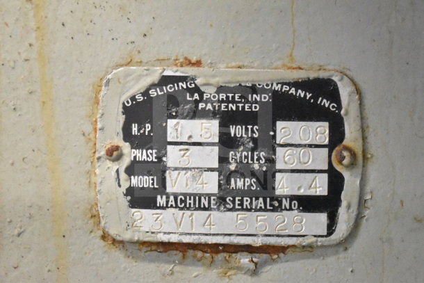 US Berkel Commercial Floor Meat Saw label, 208 Volts, Model V14, 3 Phase, 1.5 HP, Serial Number 23V145528.