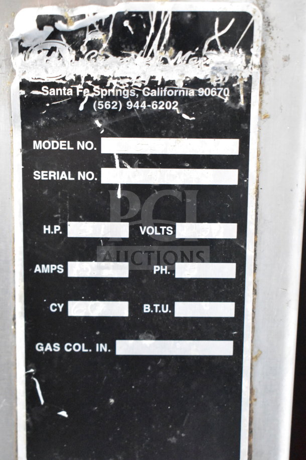 CG58 Commercial Floor Style Meat Mixer label, showing model and serial numbers, 230V, 3-phase, used condition.