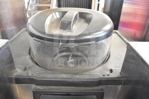 Multiplex MA-8-1US Blend In Cup Workstation, single door undercounter cooler, visible "Minimum Ice Level" label.