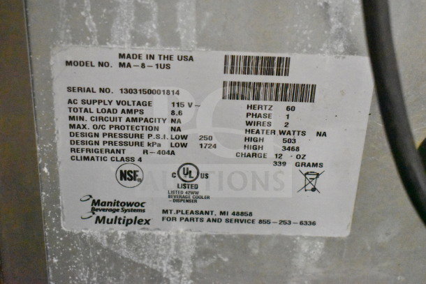 Multiplex MA-8-1US commercial blend-in-cup workstation label showing model, voltage (115V), and refrigerant details.