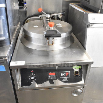 BKI FKM-F commercial floor style electric pressure fryer, 208 volts, 3 phase, used condition, visible control panel with brand label.