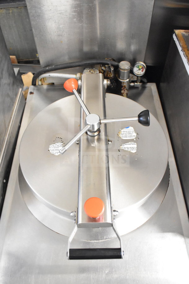 BKI FKM-F commercial electric pressure fryer, floor style, 208V, 3 phase, with control panel and pressure gauge, in good condition.