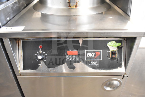 BKI FKM-F electric pressure fryer, commercial floor style, 208V, 3 phase, visible wear on control panel, includes temperature dial.