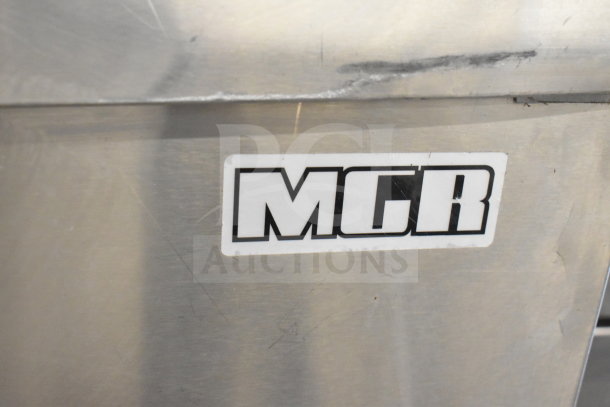 Manitowoc QD1002A ice machine head on MGR SP-800-SS bin, 208-230V, 1 phase, MGR label visible, stainless steel.
