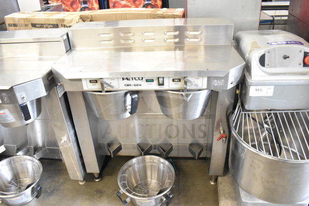 Fetco CBS-62H commercial countertop double coffee machine with 3 brew baskets, 120 volts, 1 phase, stainless steel.
