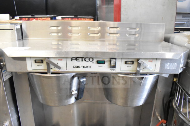 Fetco CBS-62H commercial double coffee machine with 3 brew baskets, stainless steel, countertop model, 120V, 1 phase.