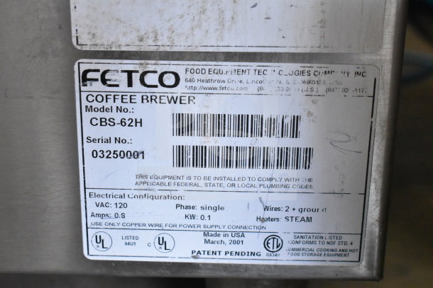Fetco CBS-62H coffee machine tag, showing model, serial number 03250001, 120V single phase, made in USA, March 2001.